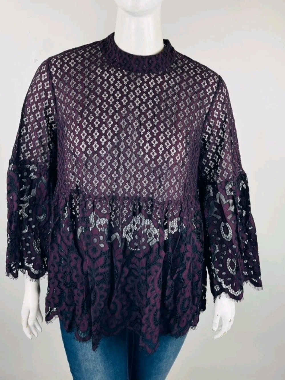 Lane Bryant Plum Lace Peplum Blouse with Bell Sleeves